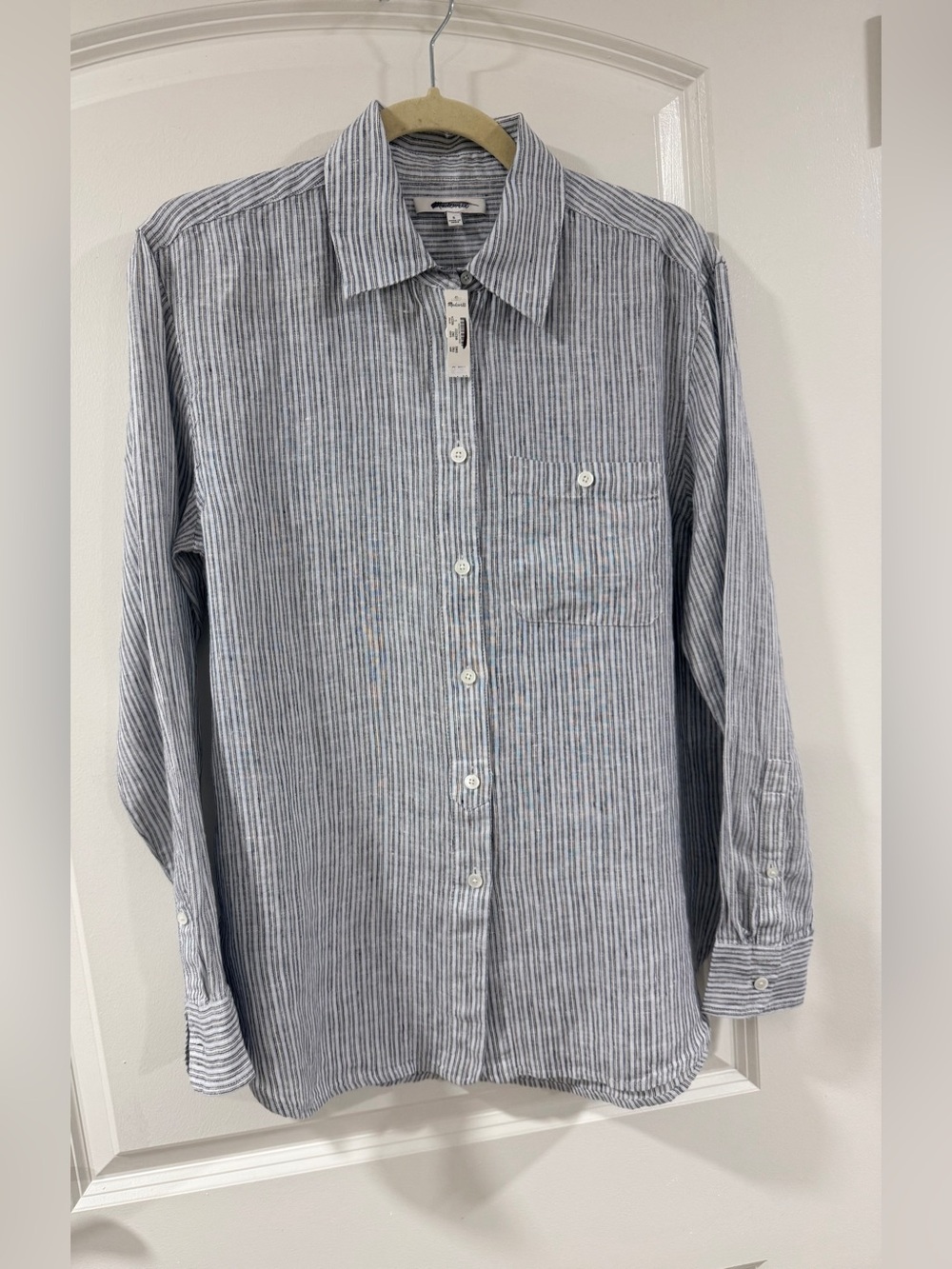 Madewell 100% Linen Striped Button Up Shirt Blue White Relaxed Small NWT - Picture 2 of 8